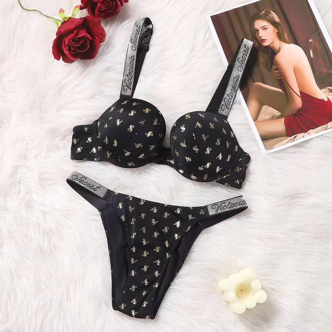 Shine Strap Push-Up Bra + Bombshell Shine Strap Brazilian Panty-black VS gold