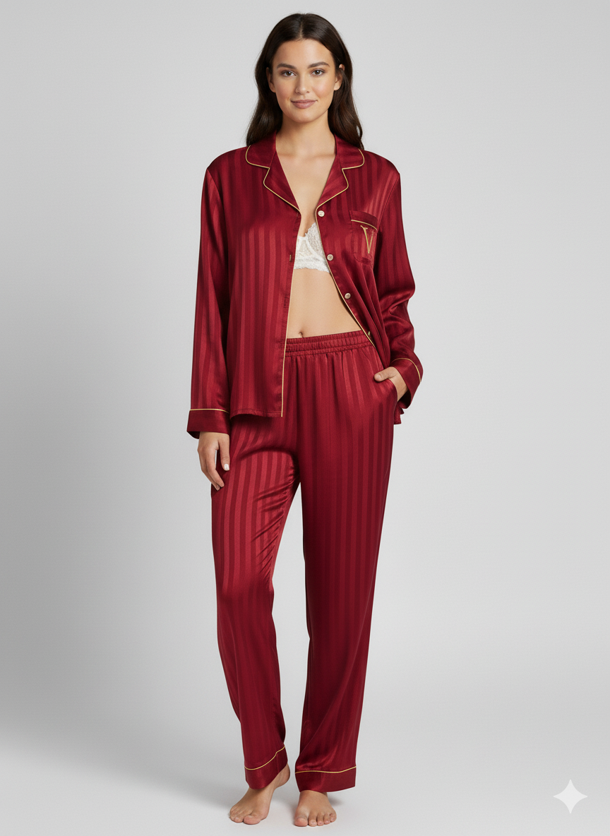 Victoria's Secret Satin Long Pajama Set - Wine Red Christmas