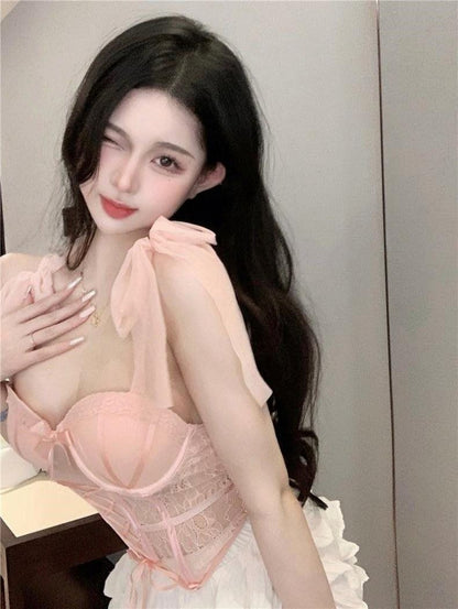 Enchanted Rose Lace Corset & Brief Set Pink