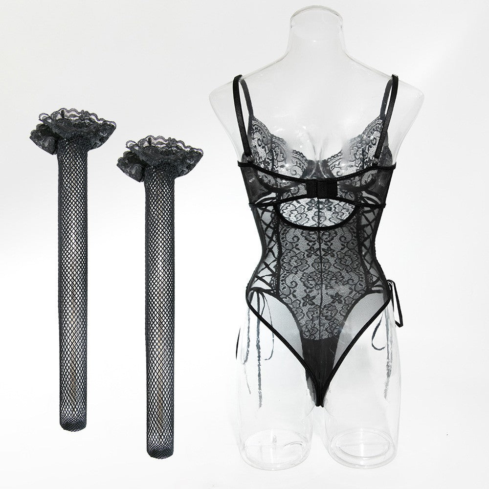 Midnight Allure Lace Teddy & Fishnet Stocking Set