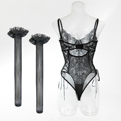 Midnight Allure Lace Teddy & Fishnet Stocking Set