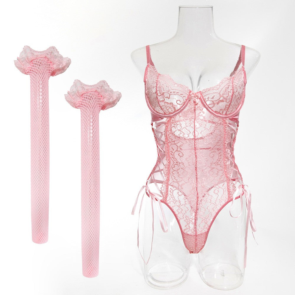 Blush Desire Lace Teddy & Fishnet Stocking Set
