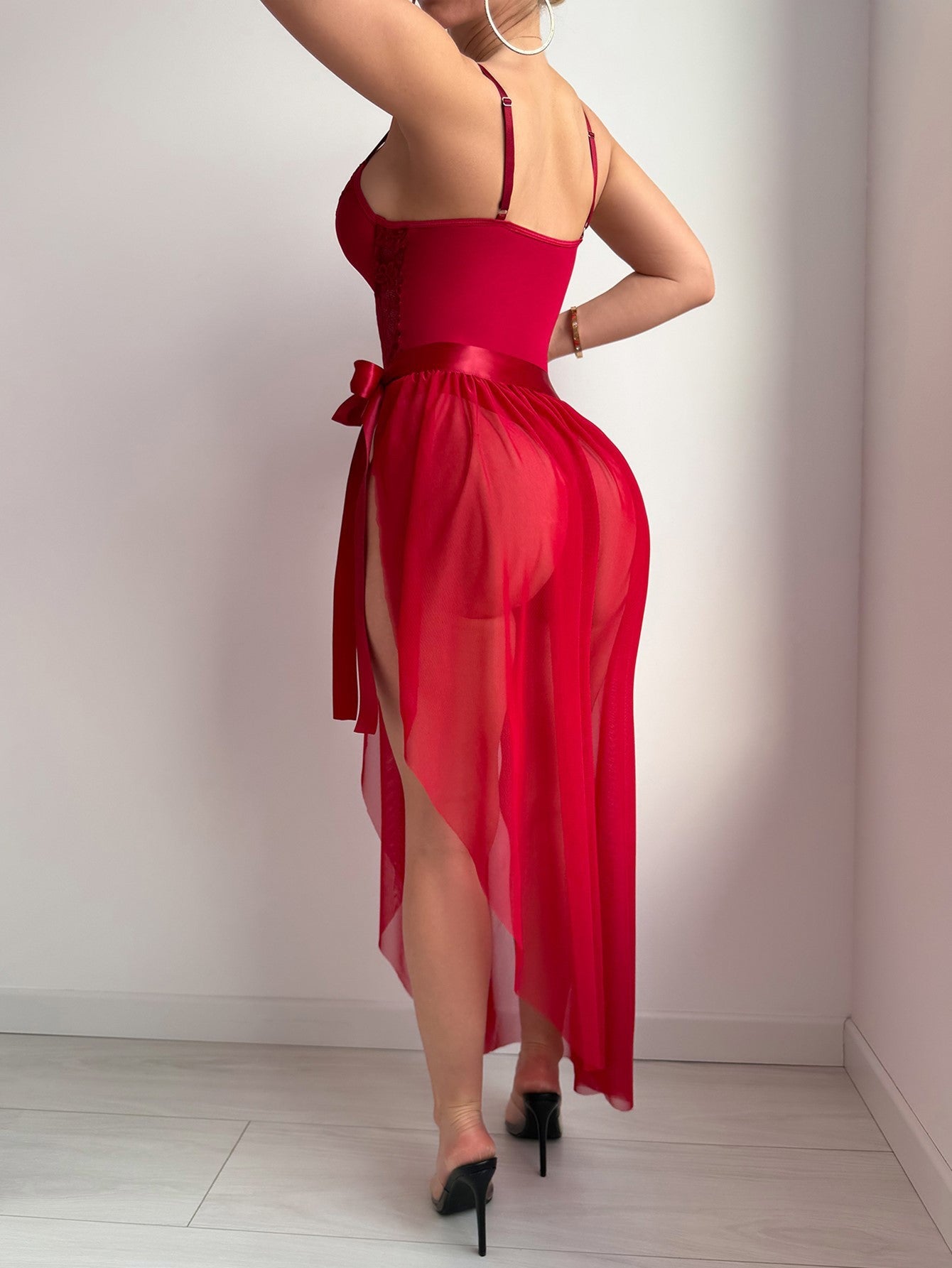 Crimson Desire Lace Gown Set