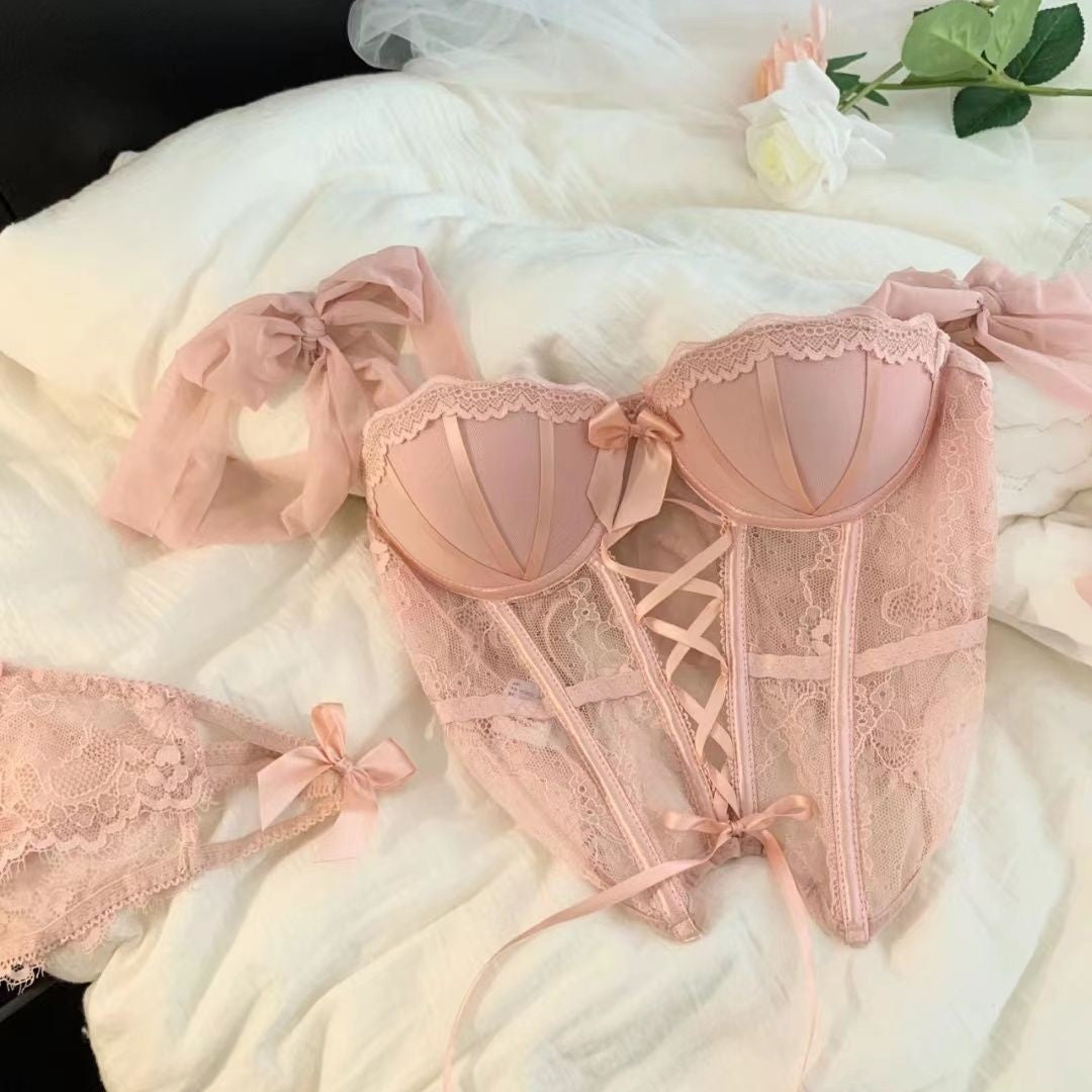 Enchanted Rose Lace Corset & Brief Set Pink