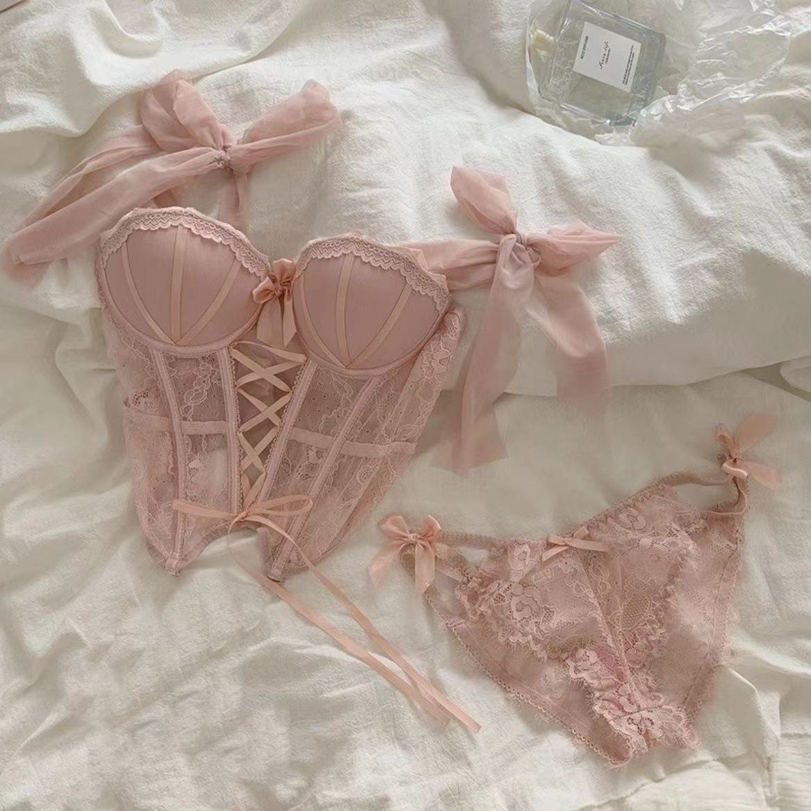 Enchanted Rose Lace Corset & Brief Set Pink