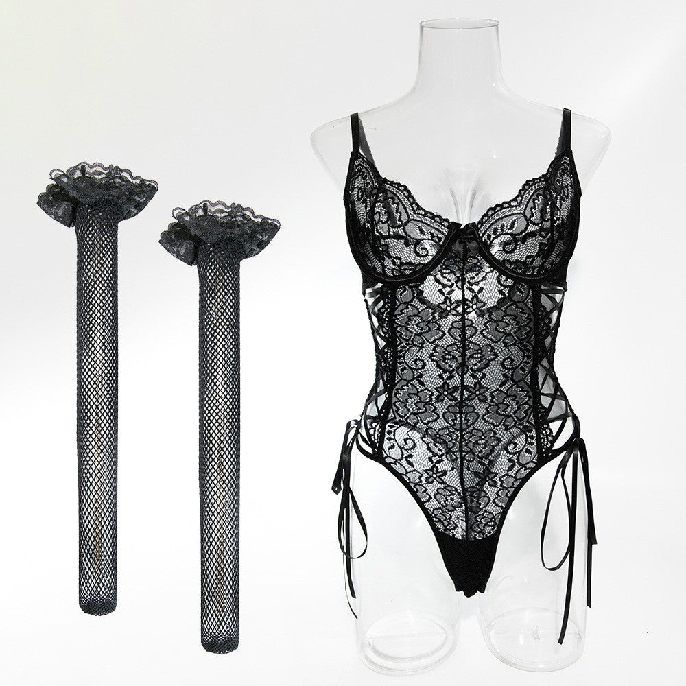 Midnight Allure Lace Teddy & Fishnet Stocking Set