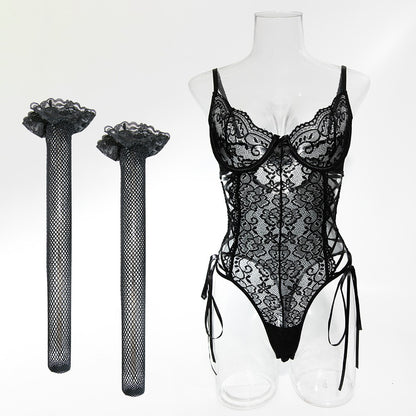Midnight Allure Lace Teddy & Fishnet Stocking Set