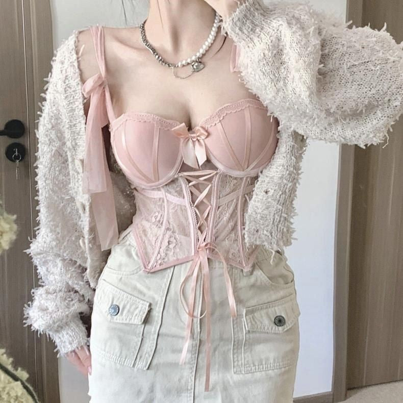 Enchanted Rose Lace Corset & Brief Set Pink