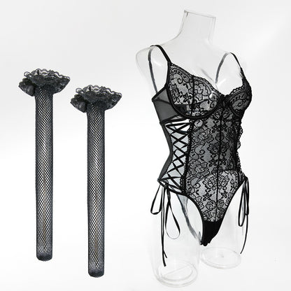 Midnight Allure Lace Teddy & Fishnet Stocking Set