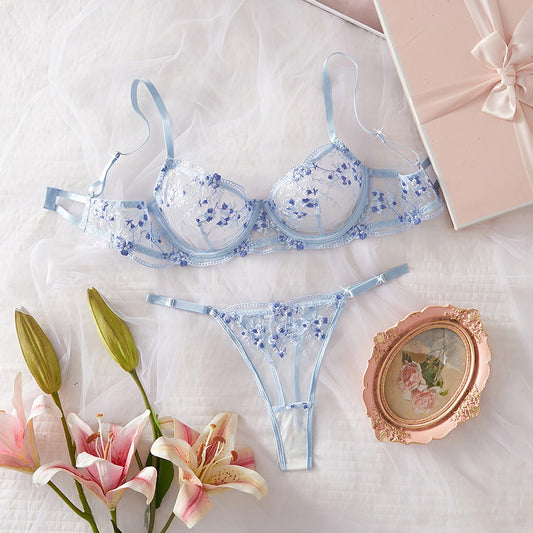 Blue Whisper Lace Bra & Thong Set