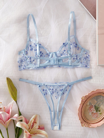 Blue Whisper Lace Bra & Thong Set