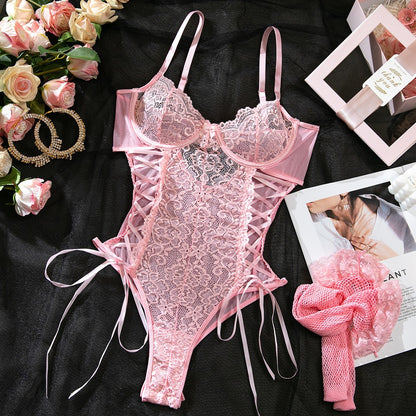 Blush Desire Lace Teddy & Fishnet Stocking Set