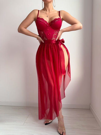 Crimson Desire Lace Gown Set