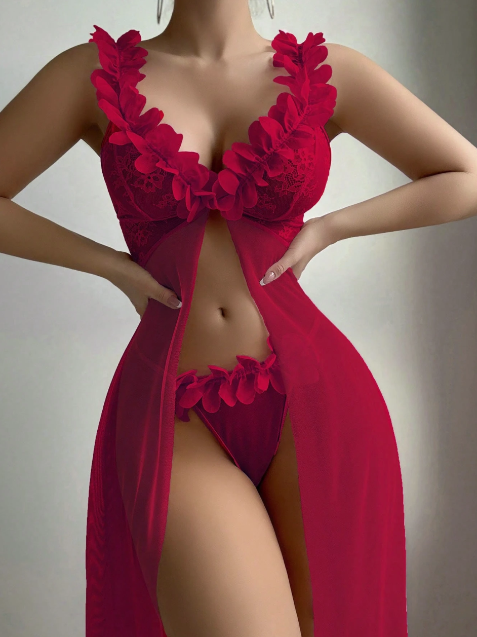 Scarlet Blossom Sheer Maxi Babydoll Set