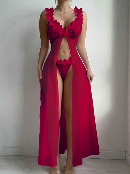 Scarlet Blossom Sheer Maxi Babydoll Set
