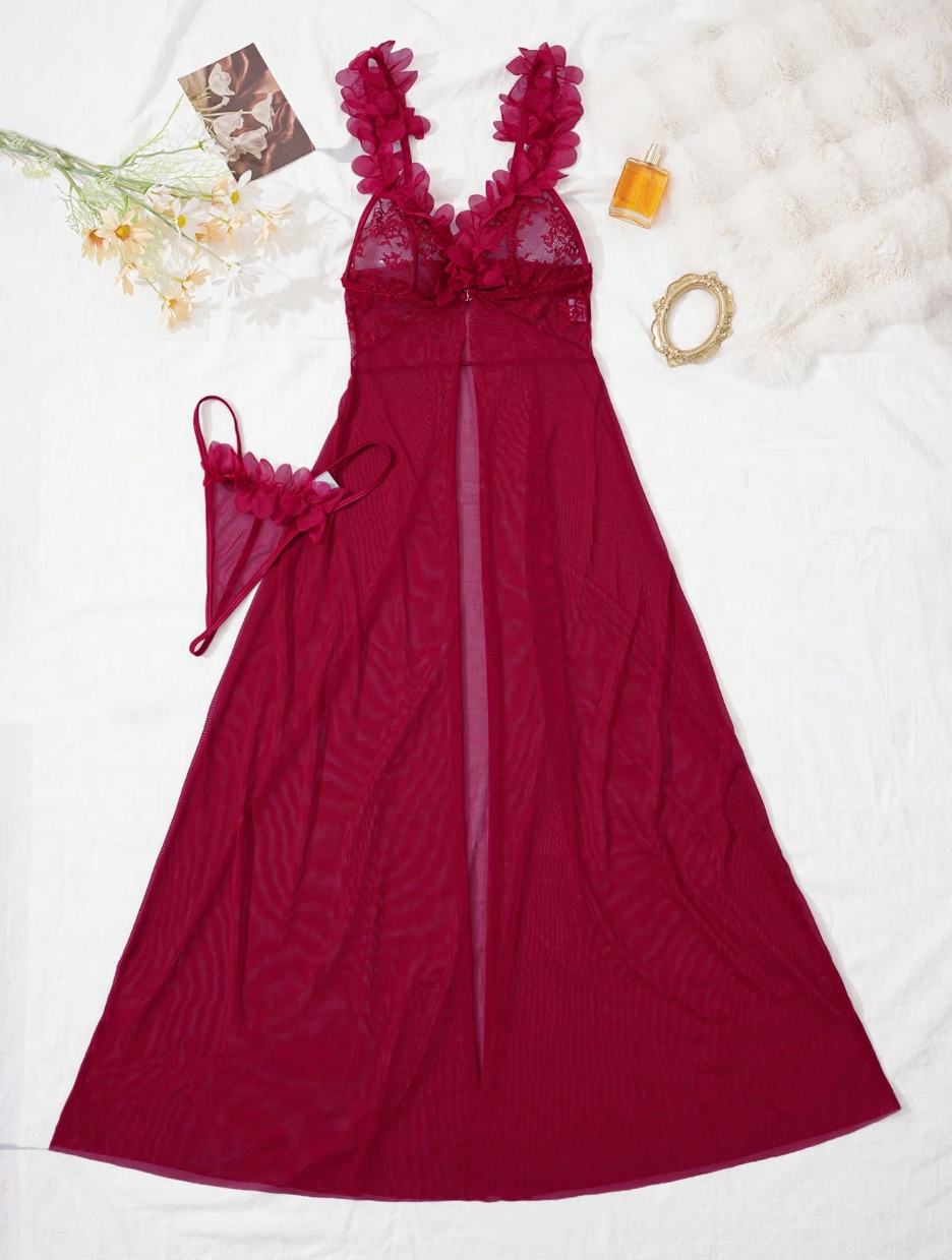 Scarlet Blossom Sheer Maxi Babydoll Set