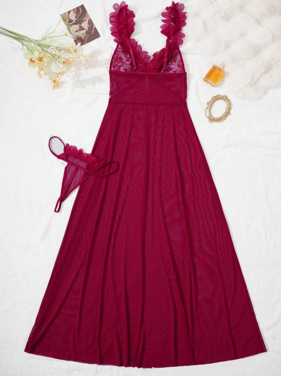 Scarlet Blossom Sheer Maxi Babydoll Set