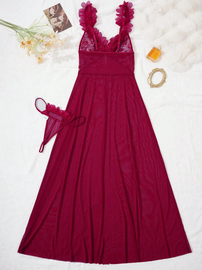 Scarlet Blossom Sheer Maxi Babydoll Set