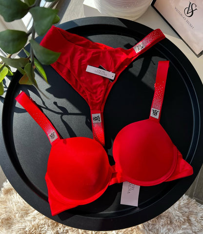 Scattered Shine Strap Push-Up Bra + Scattered Shine Strap Brazilian Panty - Red