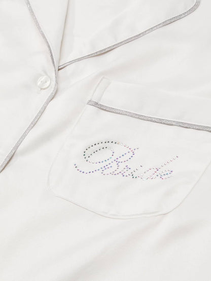 White Shine Rhinestone Bridal Satin Long Pyjamas Set - Hotzzz X Victoria's Secret Inspiration