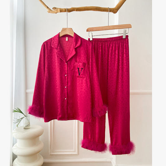 Victoria's Secret Satin Long Pajama Set - Light Wine fur cuff