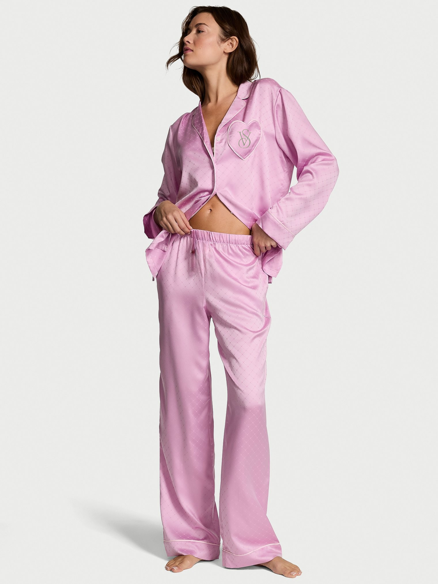 Glazed Satin Heart Long Pajama Set with VS signature - Exclusive design by Hotzzz