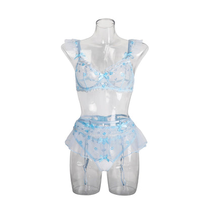 Sexy embroidered lace lingerie set with garter belt, blue, 3 pieces