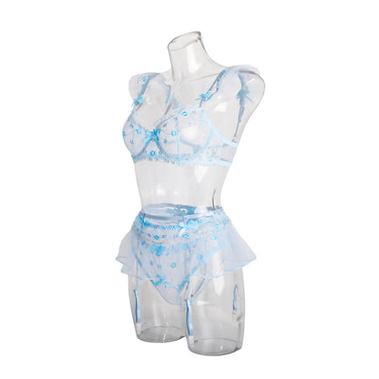 Sexy embroidered lace lingerie set with garter belt, blue, 3 pieces