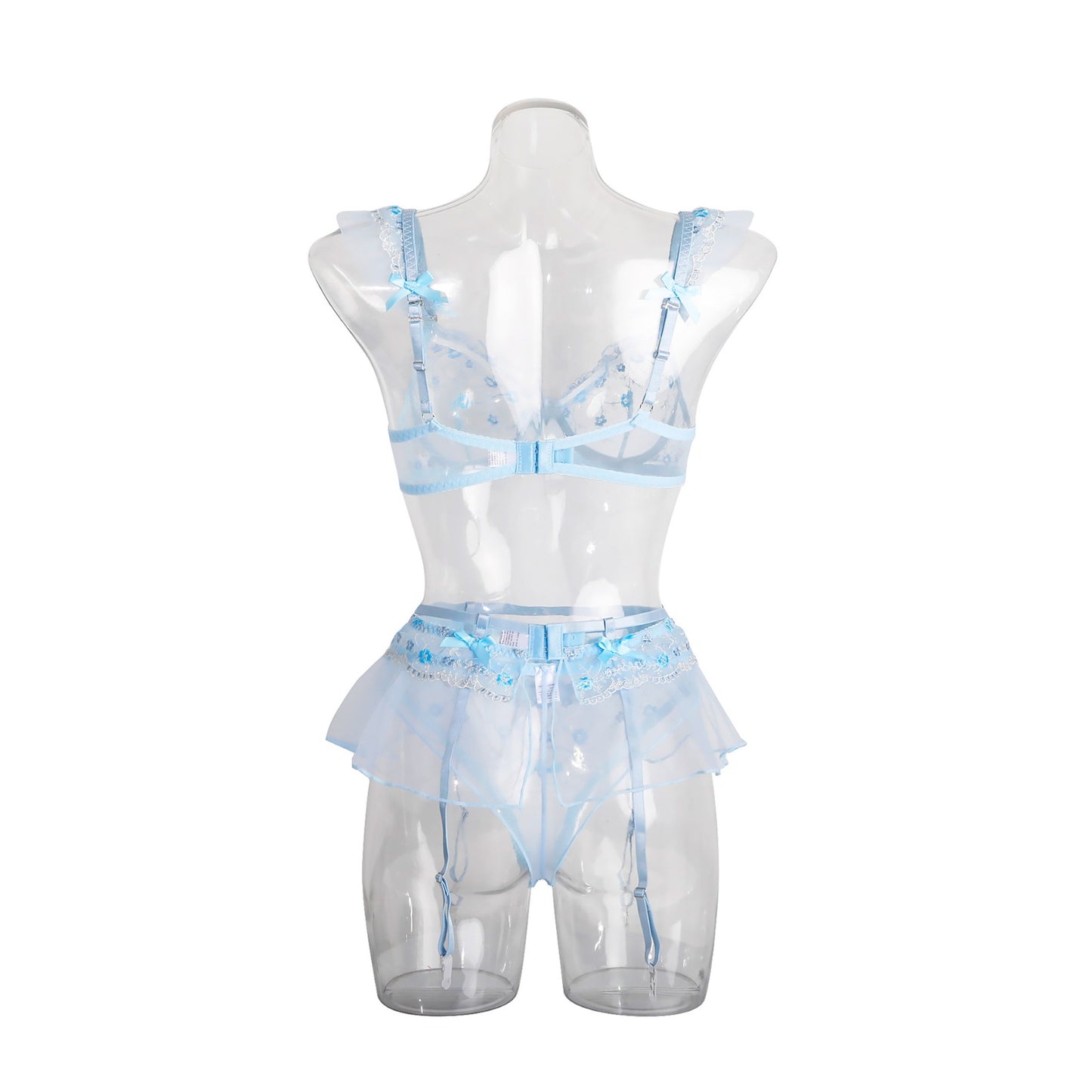 Sexy embroidered lace lingerie set with garter belt, blue, 3 pieces