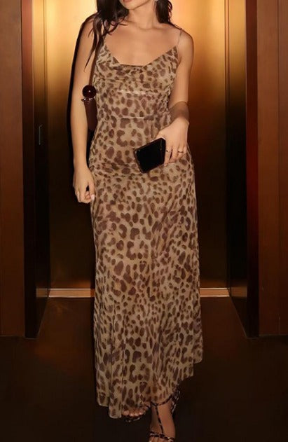 Leopard Print Mesh Cowl Maxi Dress
