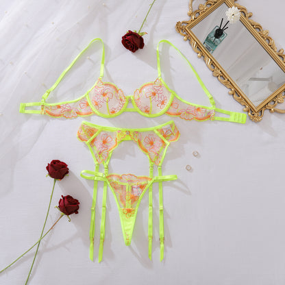 Neon Bloom Embroidered Lingerie Set