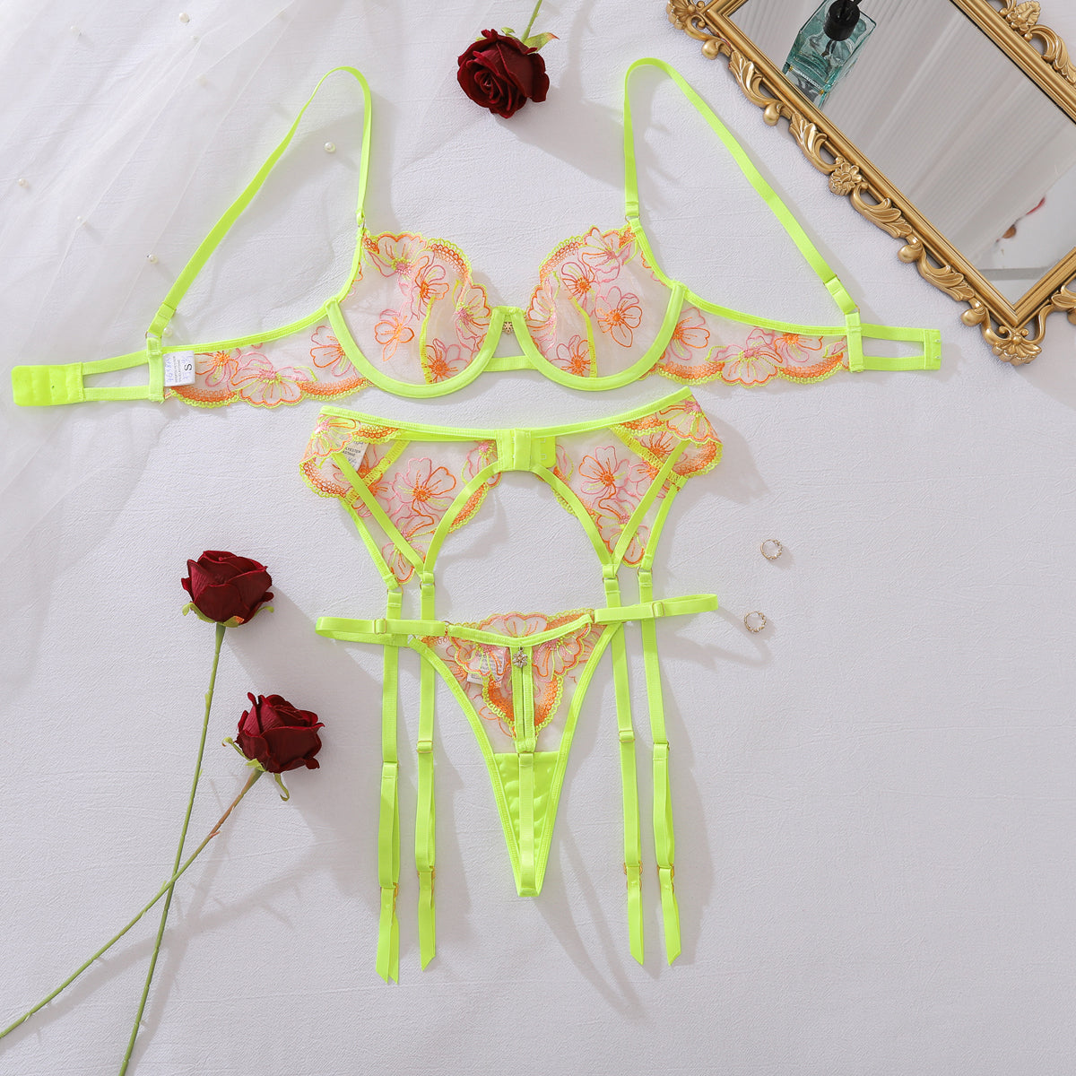 Neon Bloom Embroidered Lingerie Set
