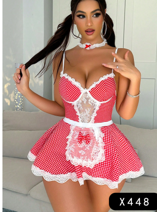 Red Gingham Lace Apron Dress Set