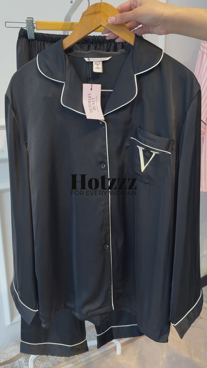 Victoria's Secret Satin Long Pajama Set - Black Gold V Pocket