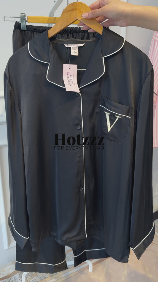 Victoria's Secret Satin Long Pajama Set - Black Gold V Pocket
