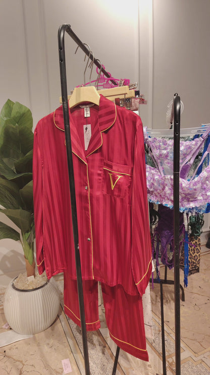 Victoria's Secret Satin Long Pajama Set - Wine Red Christmas