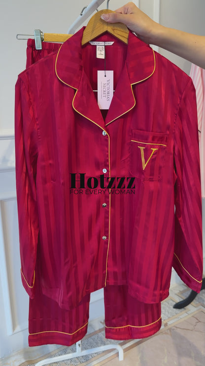Victoria's Secret Satin Long Pajama Set - Wine Red Christmas