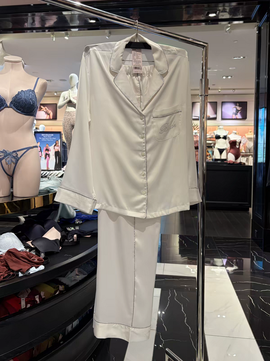White Shine Rhinestone Bridal Satin Long Pyjamas Set - Hotzzz X ViktoriaS Secret Inspiration