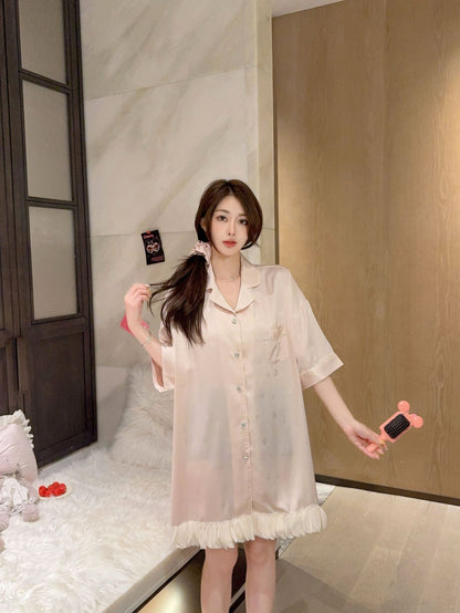 Hotzzz Soft Champagne Satin Ruffle Nightshirt