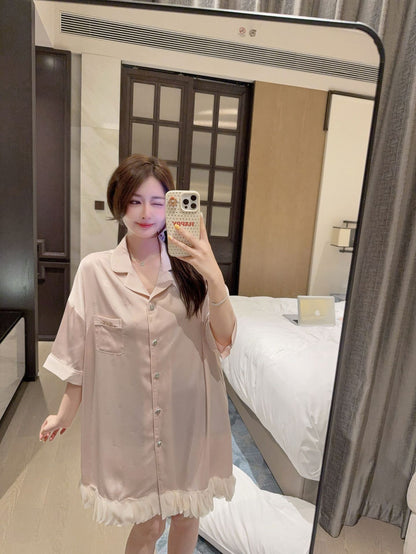 Hotzzz Soft Champagne Satin Ruffle Nightshirt