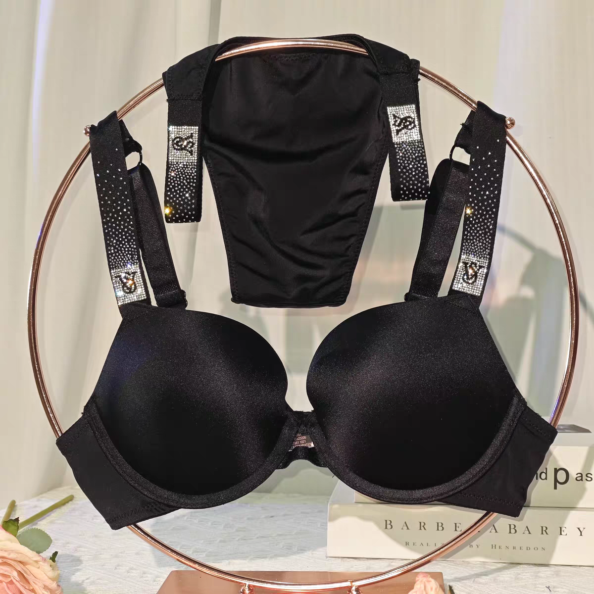 Scattered Shine Strap Push-Up Bra + Scattered Shine Strap Brazilian Panty - Black