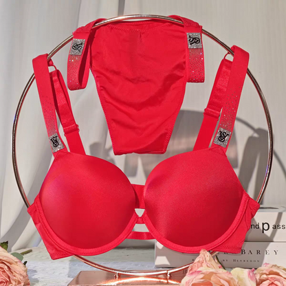 Scattered Shine Strap Push-Up Bra + Scattered Shine Strap Brazilian Panty - Red