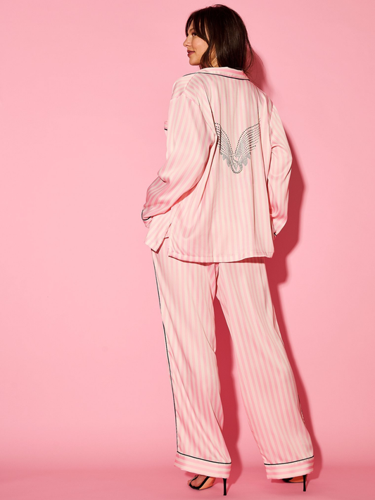 Pink Iconic Stripe Fashion Show Satin Long Pyjamas Set