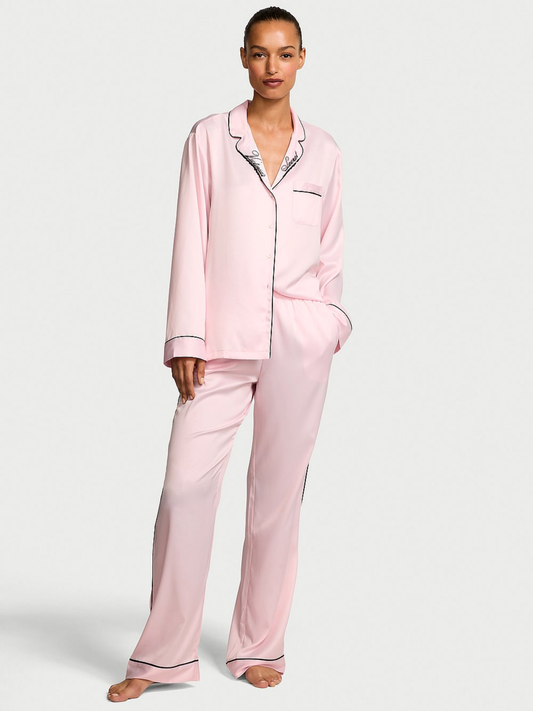 Signature Satin Long Pajama Set - Embroidered Collar
