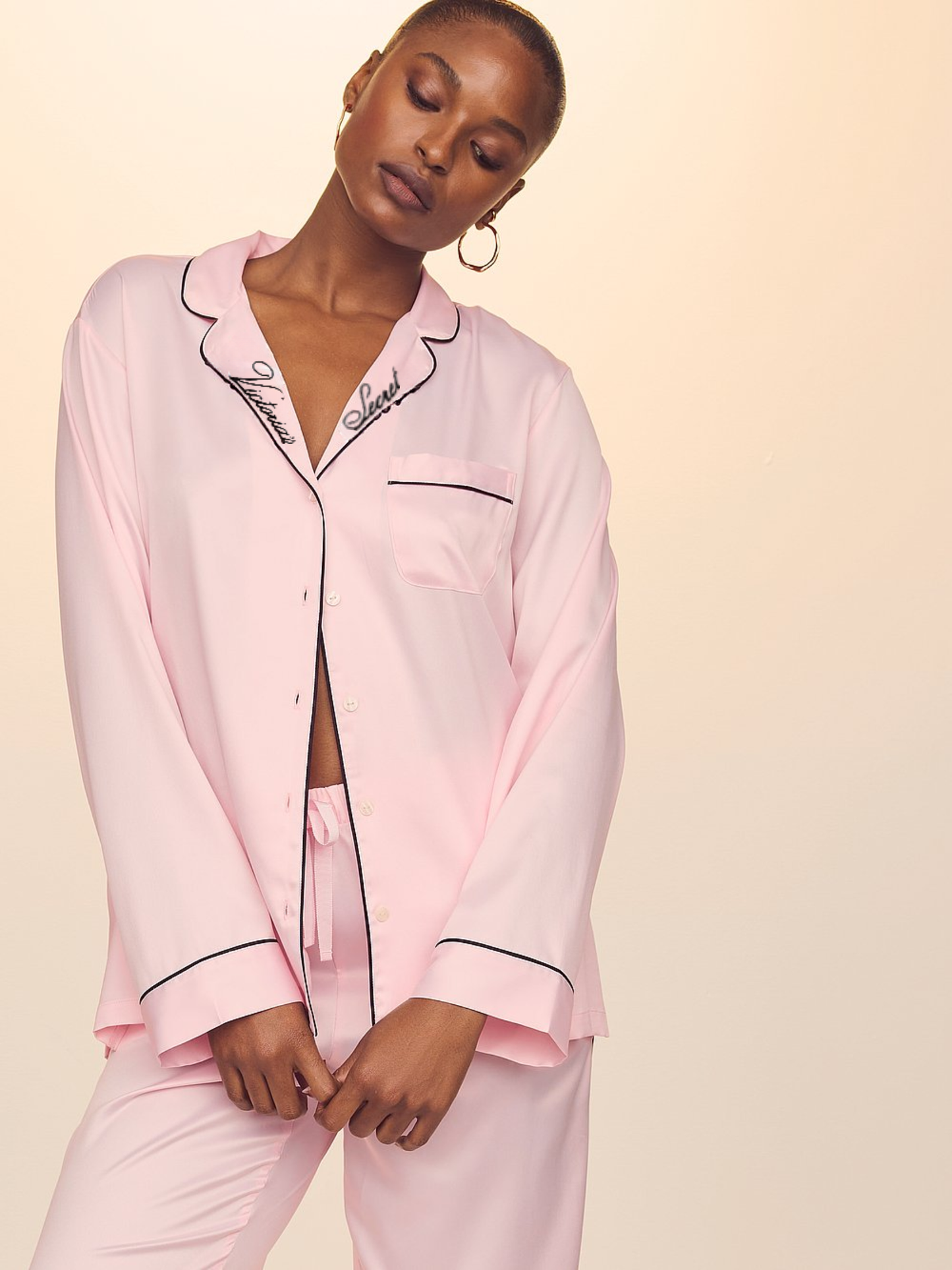 Signature Satin Long Pajama Set - Embroidered Collar