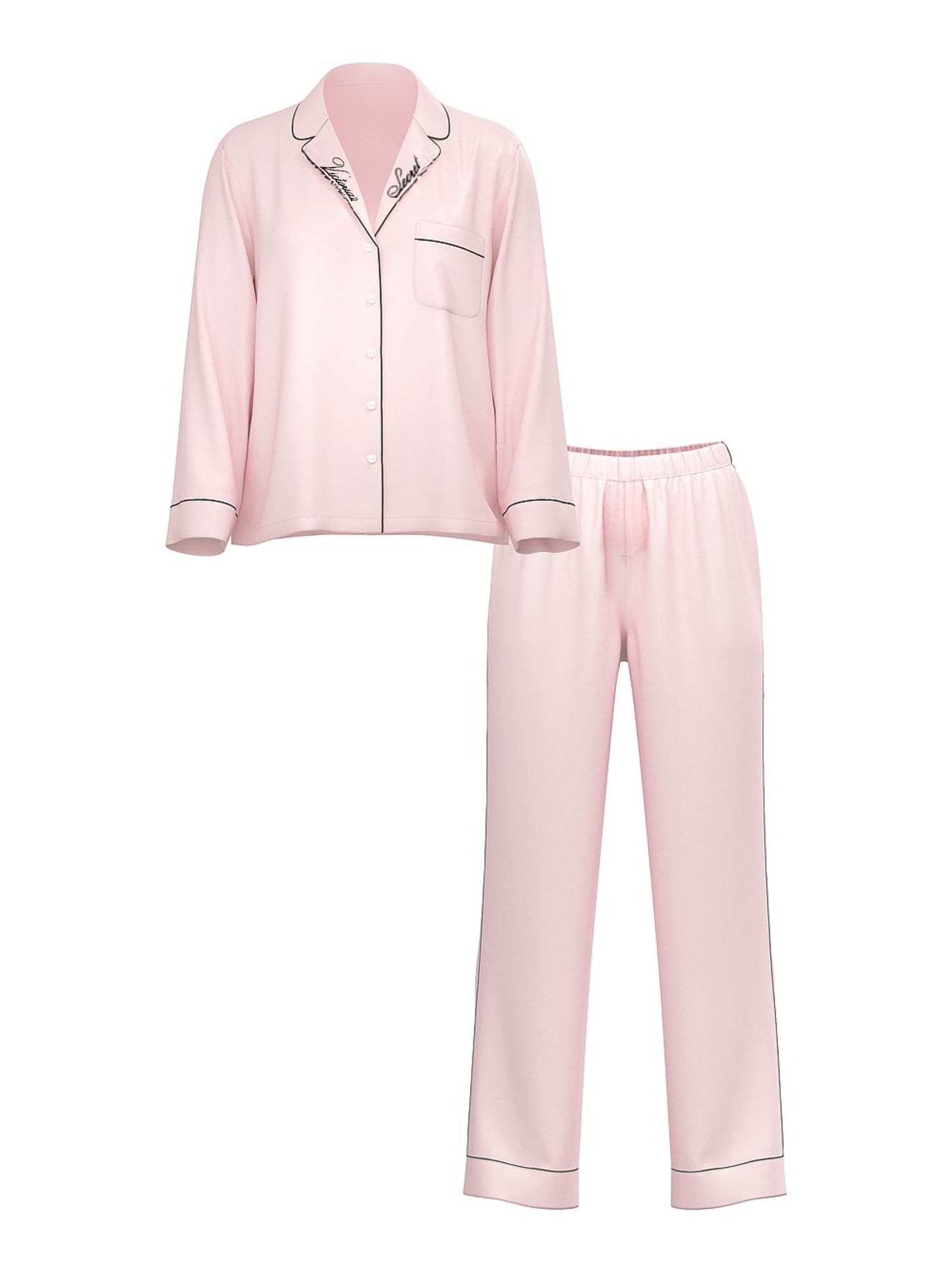 Signature Satin Long Pajama Set - Embroidered Collar