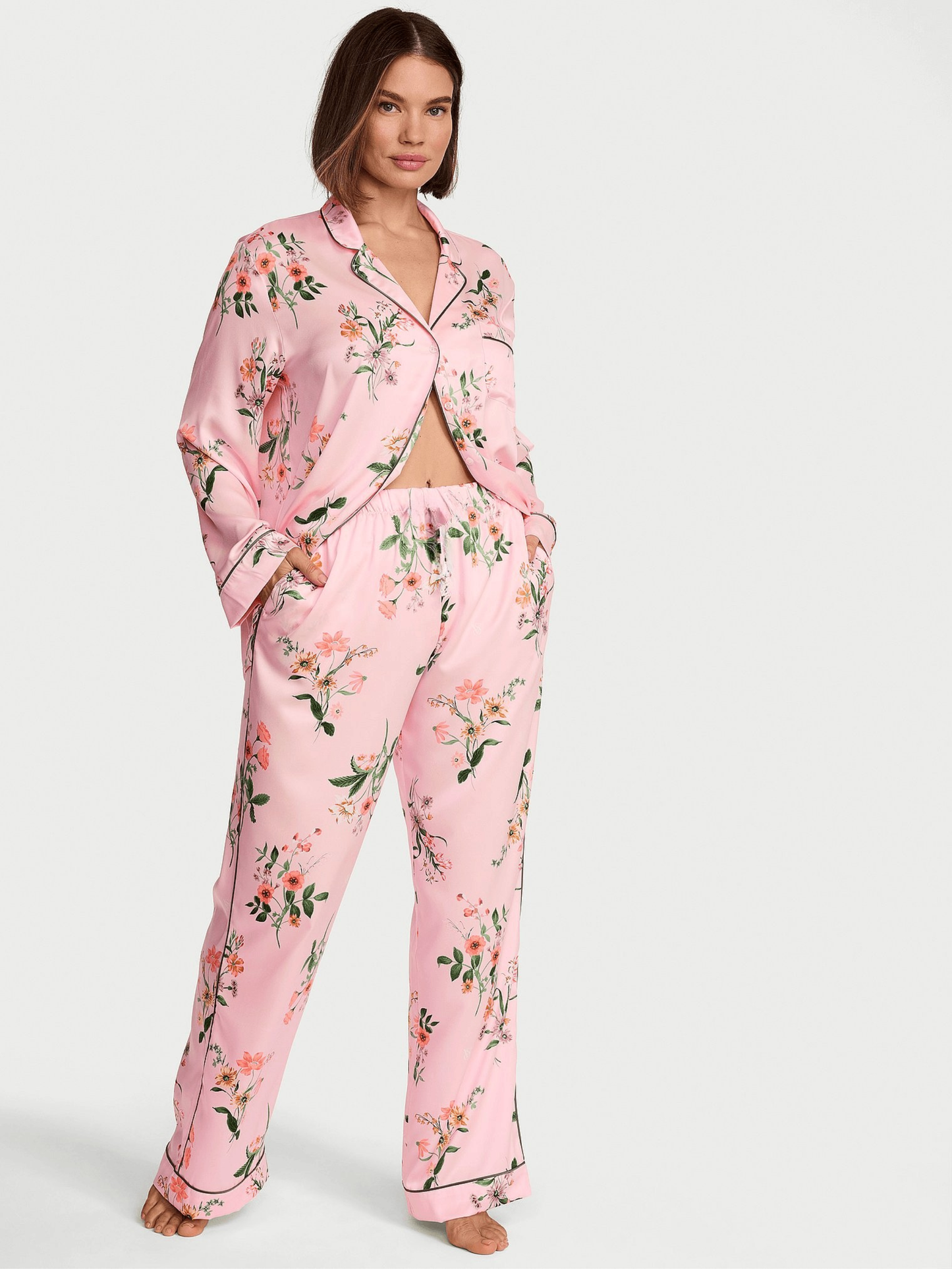 Angel Pink Floral Satin Long Pyjamas Set